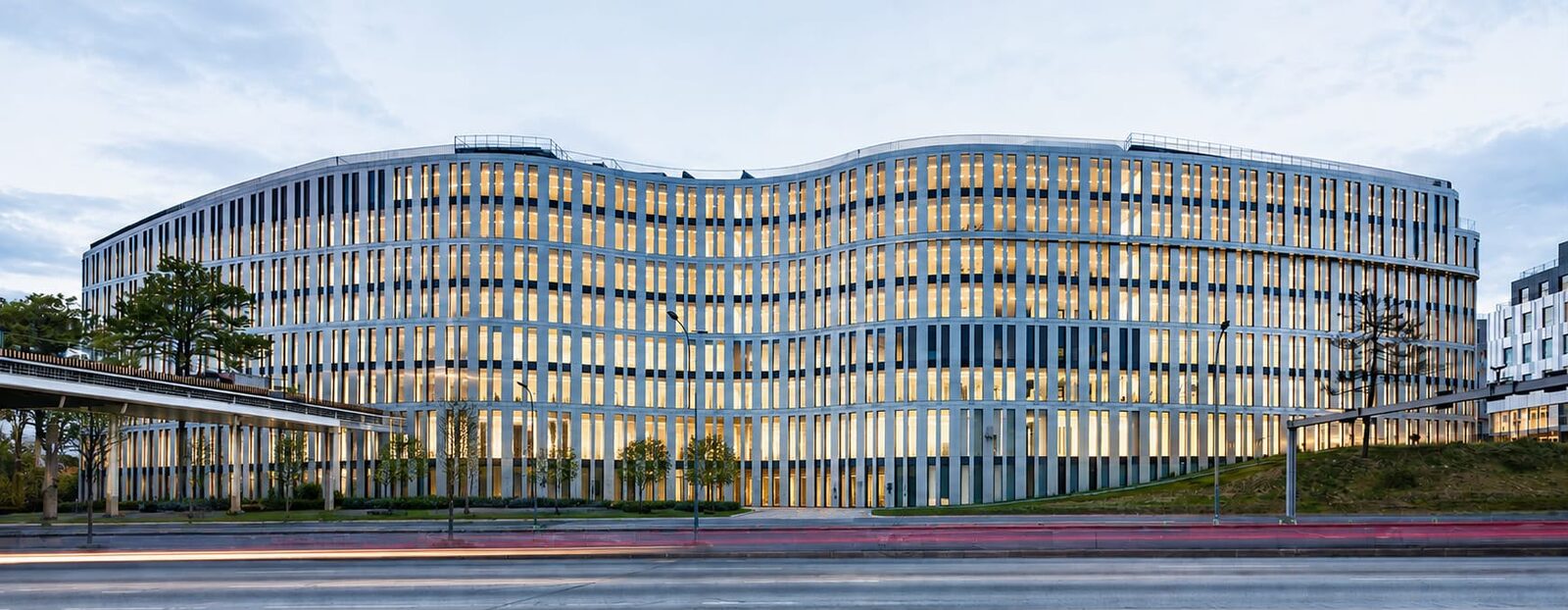 Wide view of the main Paris campus façade