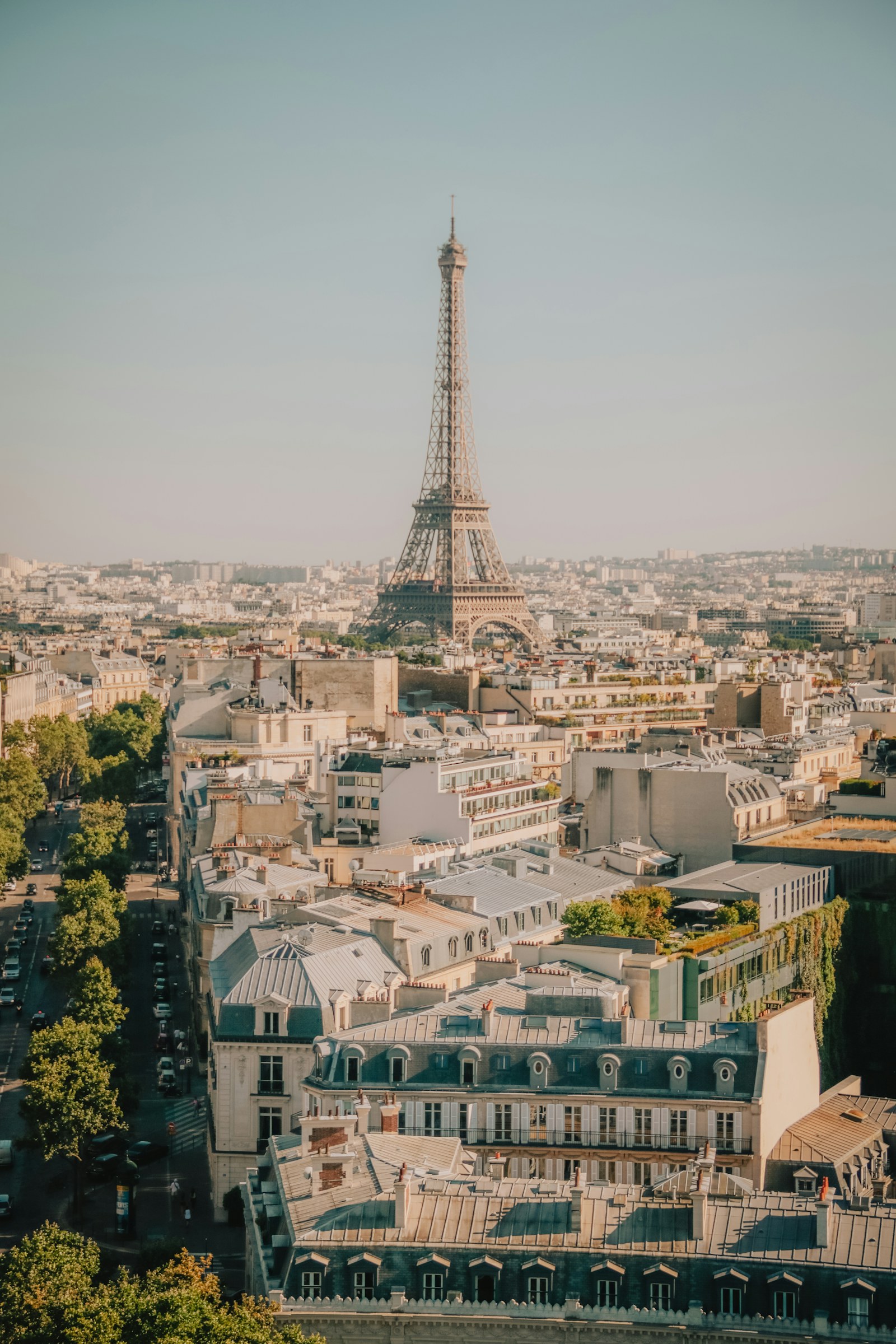 The Eiffel Tower rising above the rooftops of Paris